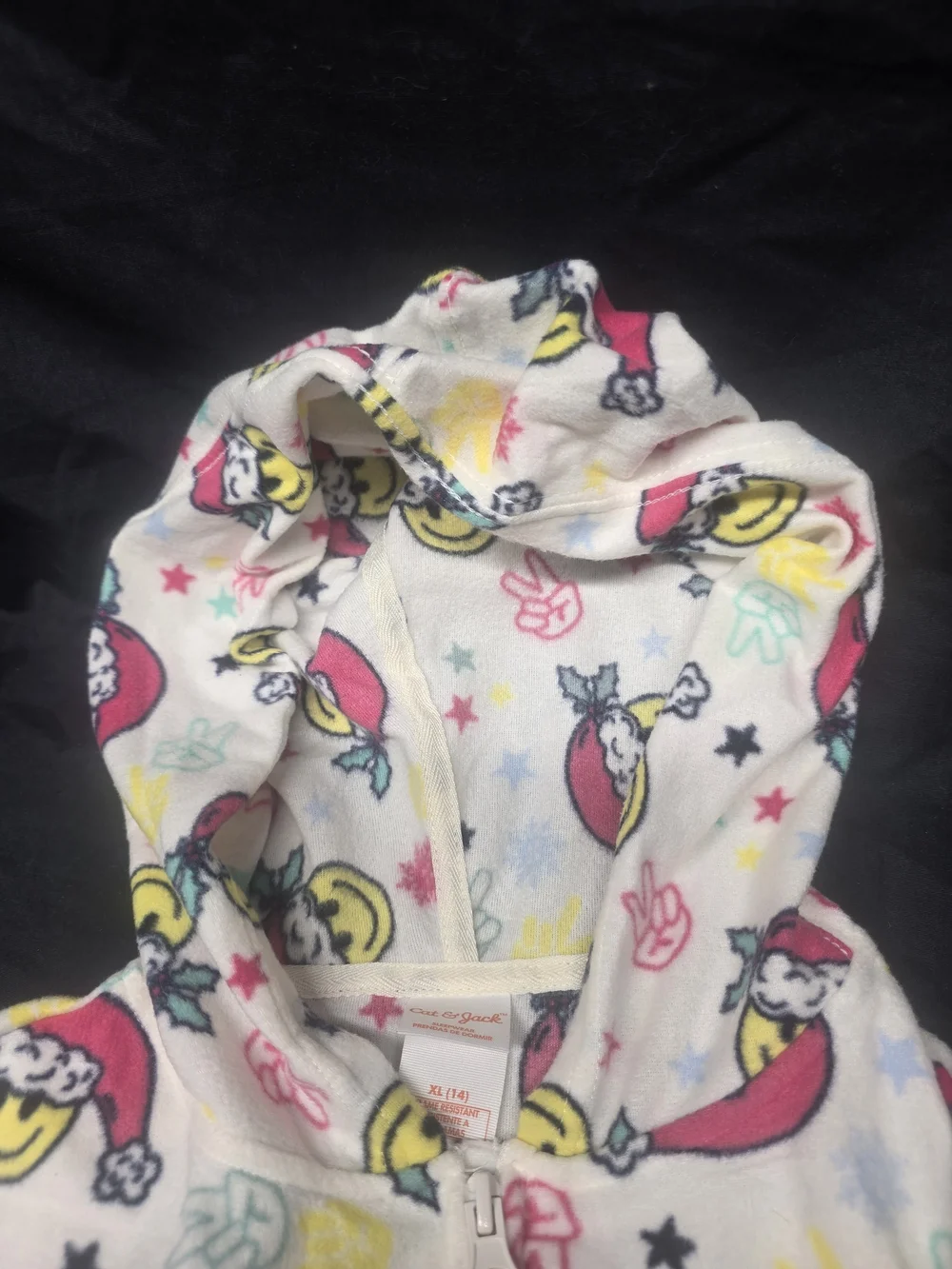 Cat & Jack Kids Christmas Smiley Santa Hooded Fleece Union Suit Pajamas XL (14)